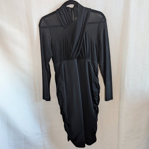 Bardot Black Mesh & Wrap Bodycon Dress Halter-Inspired Bodice Ruched Size 8/M - Picture 5 of 13
